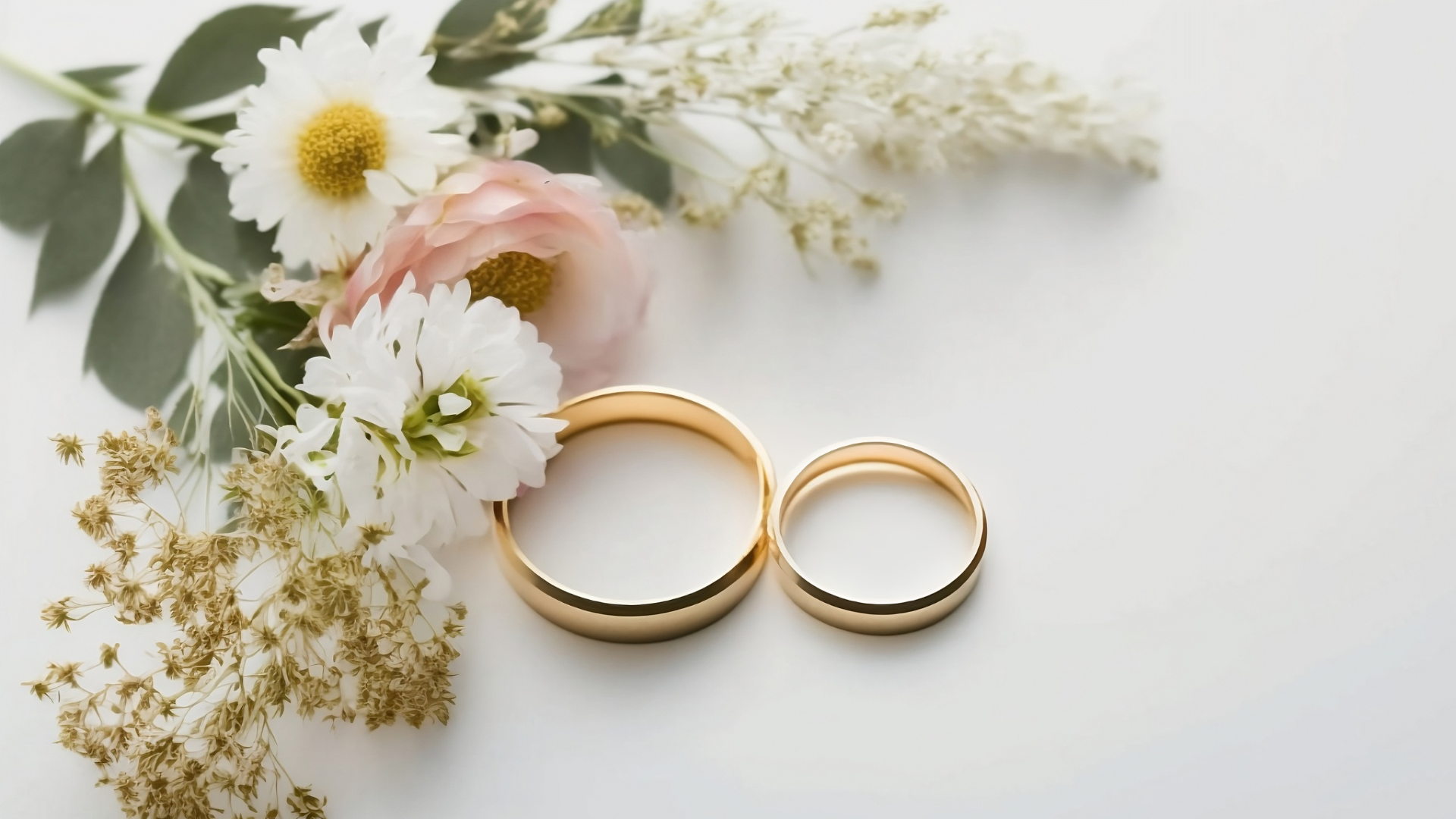 Eheringe, Blumen, weißer Hintergrund